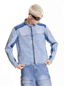 Chillumni Men's Light Blue Denim Motorcycle Jacket - Light Wash - View 3