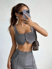 SHEIN EZwear 休闲纯色阔腿西装裤两件套 - 灰色 - 查看 5