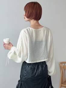 FRIFUL Women's Spring/Summer Solid Color Drawstring Lantern Sleeve Single-Breasted Cropped Shirt,Fall Women Clothes Long Sleeve Top - Beige - View 6