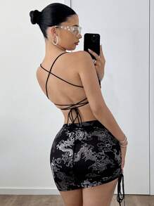 SHEIN ICON Áo ba lỗ hở lưng dây và chân váy trễ vai cạp trễ bất đối xứng Y2K màu đen - màu đen - Xem 4