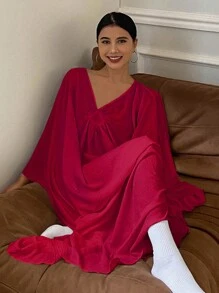 Livesso Váy ngủ mặc nhà thiết kế cổ chữ V cổ điển, Moo Moo, Đầm ngủ nữ màu đỏ, Thu & Đông - Đỏ - Xem 3