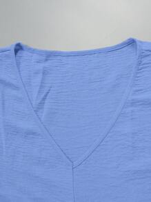 Plus Size Casual Loose V-Neck Solid Color Dress For Women, For Summer - 淺藍色 - 查看 5