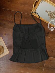 SHEIN EZwear Black Satin Women's Backless Tie Knot Tank Top - Black - View 2