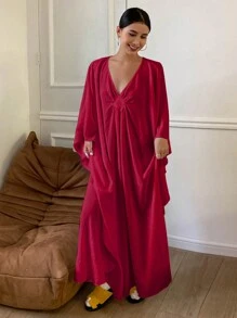 Livesso Váy ngủ mặc nhà thiết kế cổ chữ V cổ điển, Moo Moo, Đầm ngủ nữ màu đỏ, Thu & Đông - Đỏ - Xem 5