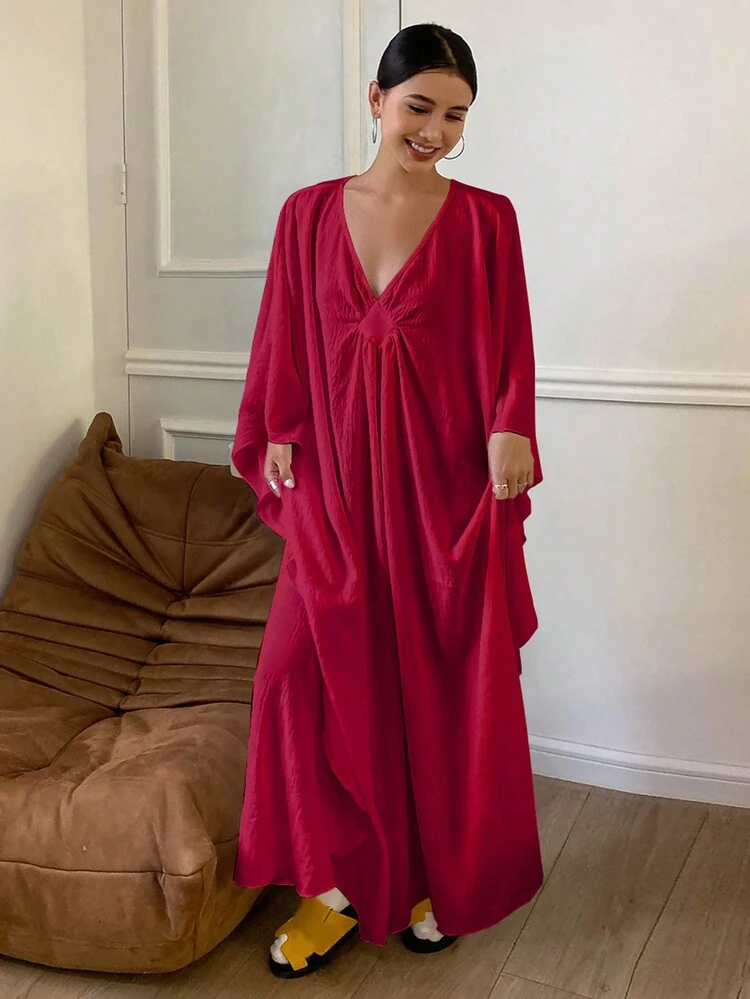 Vintage V-Neck Design Home Wear Lounge Dress, Moo Moo, Red Women Dresses Pajama, Fall & Winter