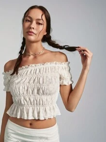 SHEINNeu Parte superior con patrón de rosa de jacquard tejido, parte superior hombros descubiertos, con volantes, con borde con volantes fluidos para mujer