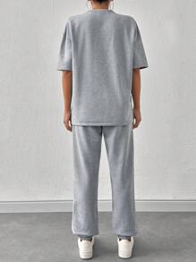 EURMUSE Women Solid Color Printed T-Shirt & Sweatpants - Light Grey - View 2