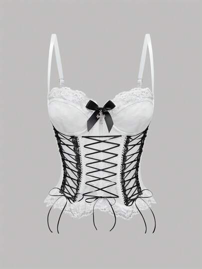 Kawaii PUNK Lace Cross Bowknot Tie Corset Camisole Tank Top With Cross Shaped Decoration For Women