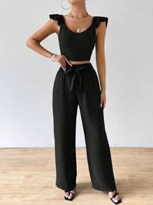 SHEIN Clasi Bộ áo crop top cổ chữ V màu trơn viền ren và quần dài có cà vạt phía trước - màu đen - Xem 4