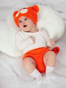 SHEIN 2pcs/Set Toddler Boys' Casual Cute Plush Warm Thick Tiger Hat And Shorts With 3D Tail For Photography Clothing And Props - Orange - View 6