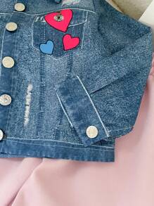 SHEIN Young Girls Cartoon Graphic Denim-Effect Print Jacket For Spring & Autumn - Blue - View 5