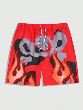 Street Life Pantalones cortos tejidos con estampado de llamas, de uso escolar, para hombre