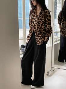 DAZY 女士翻领豹纹前扣长袖衬衫、长袖上衣、秋装 - 棕色 - 查看 5