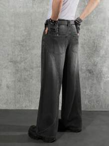 Manfinity Denimwave Jeans holgados de pierna ancha de color gris oscuro, jeans cargo negros lavados llanos largos para regalos de esposo o novio