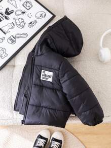 SHEIN Áo khoác độn có mũ trùm đầu màu trơn dày lót nhiệt cho bé trai có miếng vá thêu, mùa thu và mùa đông - Nhiều màu - Xem 4