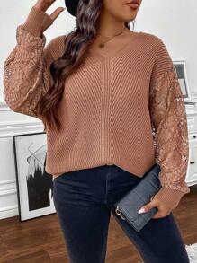 SHEIN Clasi Plus Size Winter Elegant And Casual Textured Sweater With Sexy Hollow Lace Sleeve Design, Providing Warmth, Suitable For Gatherings, Work, Outings, Holidays, Shopping, And Home,Fall Sweaters,Winter Clothes,Basic Top,Elegant Woman Clothing - Khaki - View 5