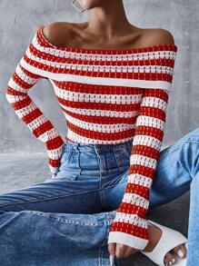 SHEIN Essnce Women's Striped Print Off Shoulder Long Sleeve Knitted Sweater - Red and White - View 1