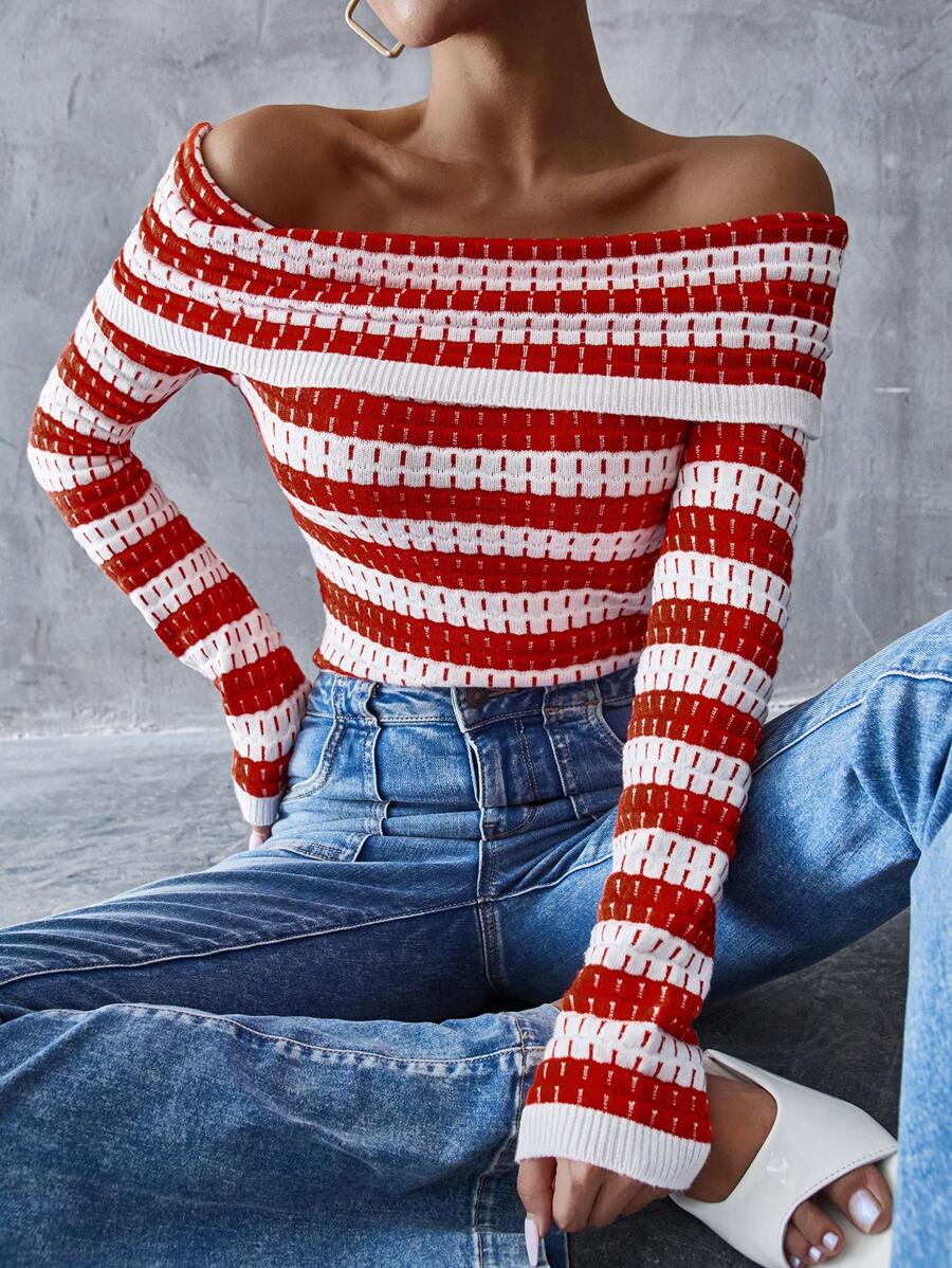 SHEIN Essnce Women's Striped Print Off Shoulder Long Sleeve Knitted Sweater - Red and White - View 1