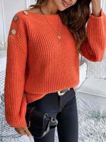 Chiquease Casual Orange Shoulder Button Decorated Sweater, Autumn/Winter Knit Pullover Fall Outfit