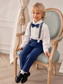 SHEIN 2pcs Young Boy's Gentleman Outfit - Long Sleeve Shirt + Solid Color Pants, Suitable For Birthday Party, Christmas, Halloween, Wedding, Baptism In Autumn & Winter - White - View 5