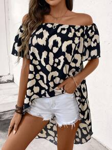 SHEIN LUNE Camisa de mujer de hombros descubiertos con estampado de leopardo, top con bajo asimétrico y alto bajo para mujer