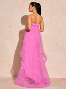 Zolique 禮服畢業典禮，女士優雅露背無肩帶網紗長裙 - 粉色 - 查看 2