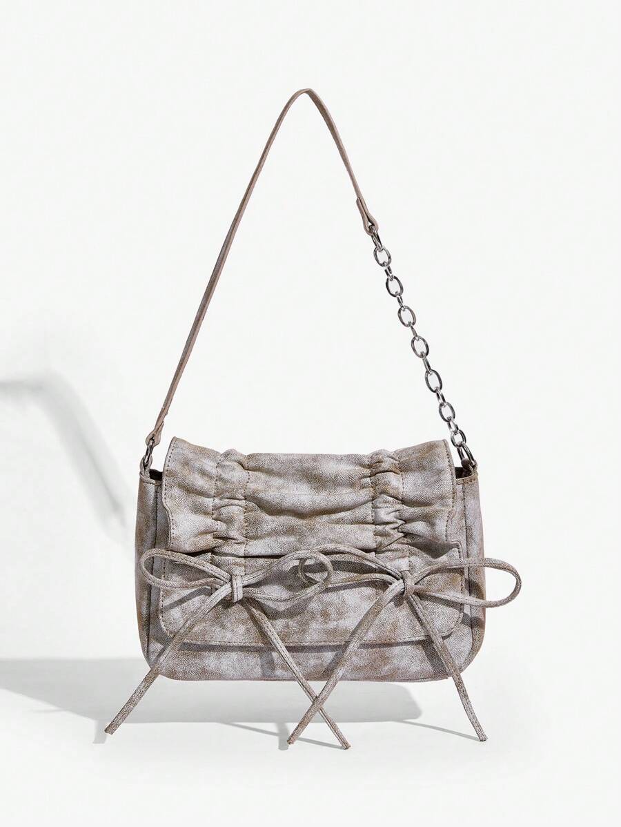 SHEIN ICON Túi đeo vai nữ, Phong cách Y2K, Phong cách đường phố, Hiệu ứng denim, Túi màu xám, Trang trí nơ - màu nâu - Xem 1