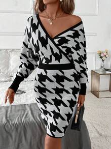 SHEIN Clasi 女士冬季温暖、优雅、性感的深 V 领设计，带有千鸟格图案，适合派对、工作和外出 - 毛衣裙 - 黑與白 - 查看 3