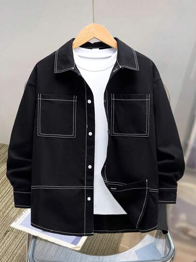 SHEIN Chemise tissée à manches longues avec blocs de couleurs pour garçons préados, avec rayures de blocs de couleurs, poches et col. Convient pour les déplacements quotidiens, l'école, les tenues décontractées, les vacances et les sports. Parfaite pour toutes les saisons