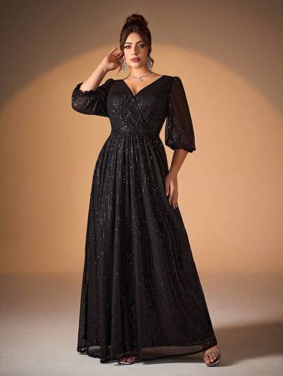 大码纯色V领褶皱胸部中长A字亮片晚宴礼服，黑色优雅正式婚礼宾客礼服，毕业典礼、晚宴等春季场合适用