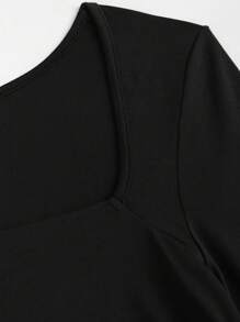 Sweetra Solid Color Square Neckline Long Sleeve Bodycon Mini Dress With Drawstring Detail, Suitable For Casual Or Holiday Fall Cloth For Women - Black - View 5