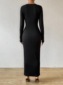 Chiquease Women's V-Neck Bodycon Knitted Dress - Black - View 2