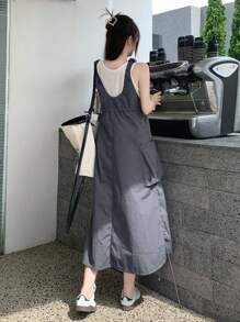 DAZY 女式夏季纯色吊带连衣裙，带纽扣和侧袋，太阳裙，休闲女装 - 灰色 - 查看 8