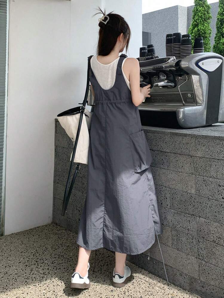 Women's Summer Solid Color Strappy Overall Dress With Button Down And Side Pockets Sundress,Casual Women Dresses