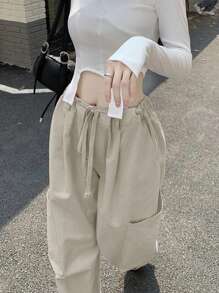 DAZY Women's Super Wide-Leg Low Waist Pants With Belt And Large Pockets - Apricot - View 5