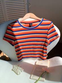 Comfortcana Camiseta de punto ajustada de mujer con rayas de colores