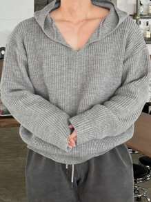 DAZY 男士纯色灰色毛衣连帽衫，秋季 - 灰色 - 查看 8