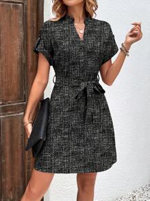 SHEIN LUNE V-Neck Bowknot Waist-Tied Slimming Dress - Black - View 5