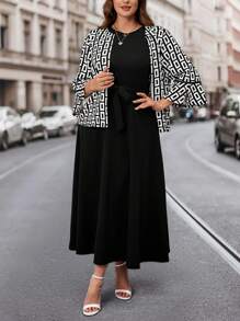 SHEIN Clasi Bộ 2 món/bộ cỡ lớn, áo khoác dài tay hở phía trước in họa tiết toàn thân và váy không tay có cạp chun, trang phục công sở thanh lịch và nhẹ nhàng cho nữ - Đen và trắng - Xem 4