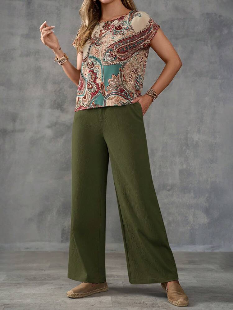 Women's Paisley Print Pattern Shirt And Solid Color Trousers Set