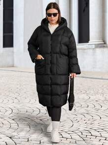 EURMUSE Plus Hooded Padded Jacket With Pocket Details - Black - View 4