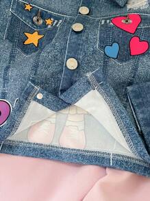 SHEIN Young Girls Cartoon Graphic Denim-Effect Print Jacket For Spring & Autumn - Blue - View 3