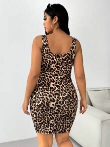 SHEIN EZwear 加大碼夏季休閒豹紋印花無袖修身連身裙 - 棕色 - 查看 2