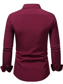 Manfinity Mode Men's Spring/Summer Color Block Long Sleeve Pocketed Casual Dress Shirt For Work Or Leisure, For Husband, Work, Red Dress Shirt For Men, Dark Red Shirt, For Fall - Burgundy - View 2