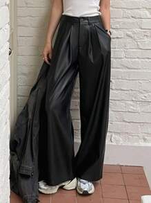 DAZY 女士纯色PU阔腿裤皮裤 - 黑色 - 查看 5