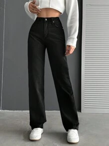 EURMUSE Quần Jeans Ống Đứng Màu Đen Rộng Rãi Thường Ngày Có Túi Cho Nữ - màu đen - Xem 6