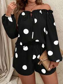 Ensemble de 2 pièces pour femmes : Haut à manches longues ouvertes aux épaules avec nœud à la taille et Pantalon à jambes larges à pois, confortable et ample - Noir - Voir 4