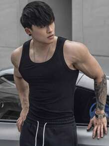 Manfinity Fitness Camiseta deportiva de verano de unicolor estilo novio para hombre, top para el gimnasio, camiseta musculosa transpirable para hombre - Negro - Ver 4