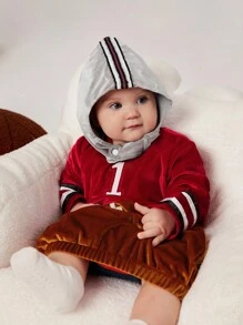 SHEIN 2 件套男婴可爱橄榄球角色扮演服装，带帽子，适合派对、秋冬季 - 紅色 - 查看 4