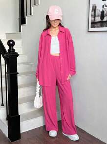 SHEIN Leap Crew Teen Girl Fall Pocketed Casual College Style Shirt Vest Pants 3-Piece Set - Hot Pink - View 6